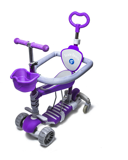 Дитячий самокат FULL Smart 5в1 з батьківською ручкою, сидінням, бортиком та подвійними колесами. Фіолет Одеса - фото 1