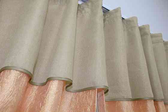 Кухонные шторы VR-Textil № 073к с ламбрекеном и подхватами салатовый с бежевым 270х170 см (52-0180) Киев