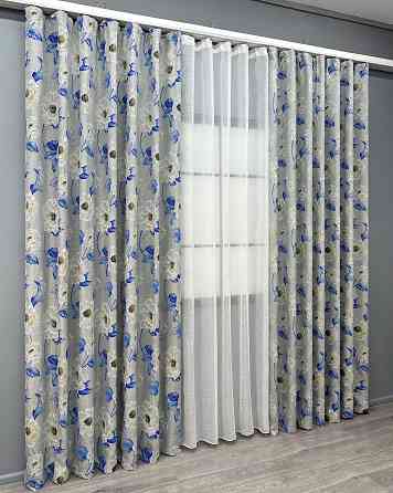 Комплект штор VR-Textil Лен Прованс 150х270 2шт и Тюль 500х270 2078ш-115т Светло-серый с синим и белым 71-213/4 Киев