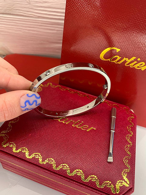 Браслет Cartier з цирконами, покриття білим золотом AU750 / Красива подарункова упаковка - коробочка з оксамитом та пакет Одеса - фото 3