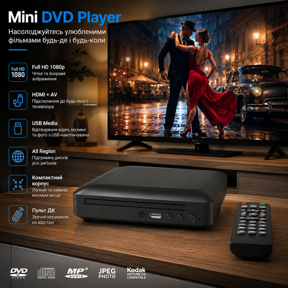 DVD-програвач Toioik DVP-508 Mini HDMI Full HD 1080p, All Region, USB, AV, пульт дистанційного керування, компактний, чорний Київ - фото 10