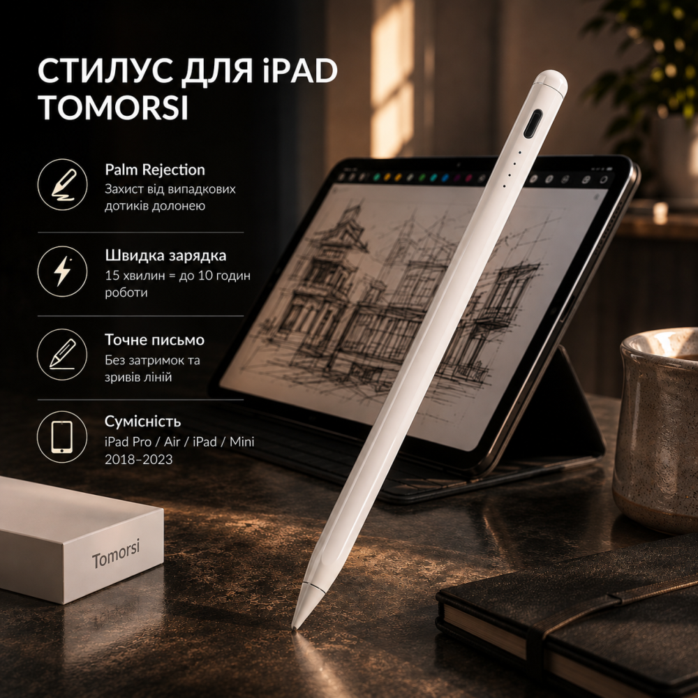 Стилус для iPad Tomorsi, Palm Rejection, быстрая зарядка, точное письмо, Apple iPad Pro/Air/iPad/Mini 2018–2023, белый Киев - изображение 1