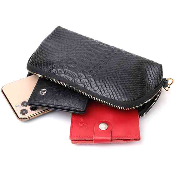 Фактурная женская барсетка из натуральной кожи с тиснением под змею Черный (Vintage) Киев