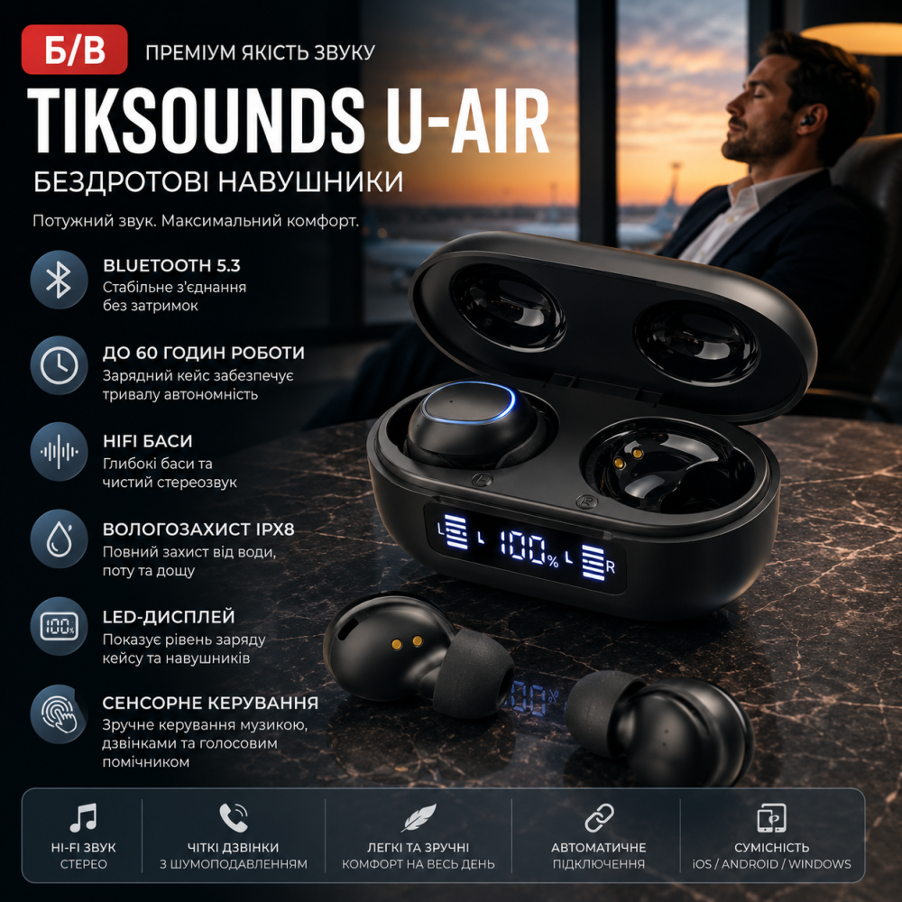 Б/В Бездротові навушники Tiksounds U-Air Bluetooth 5.3: 60 год роботи, HiFi баси та вологозахист IPX8 Київ - фото 7