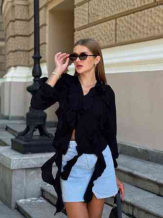 Жіноча стильна блуза "Медуза" з воланами американський креп жатка Чорний, 46/48 Одеса