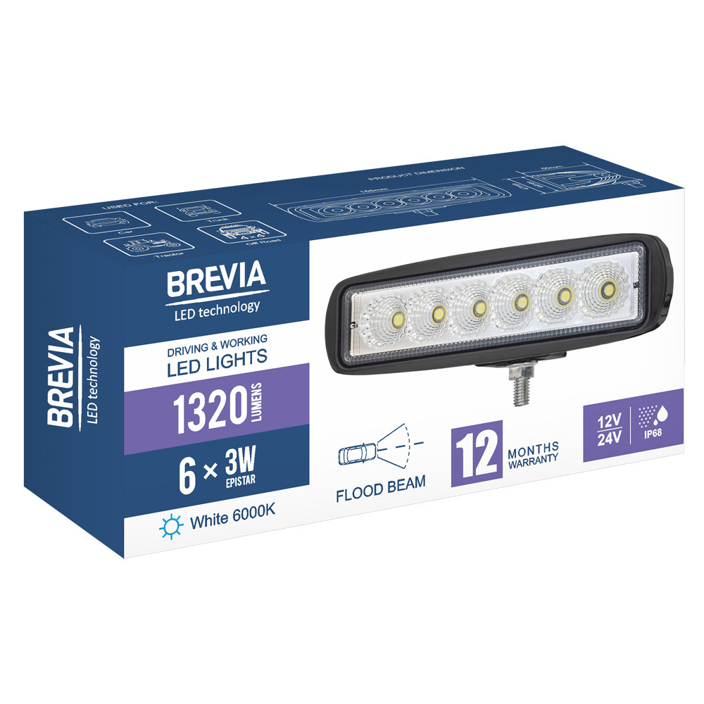 Фара світлодіодна Brevia Epistar Flood 10-30V, 18W (6x3W), 1320Lm, 1шт (10611FX1) Львів - фото 7