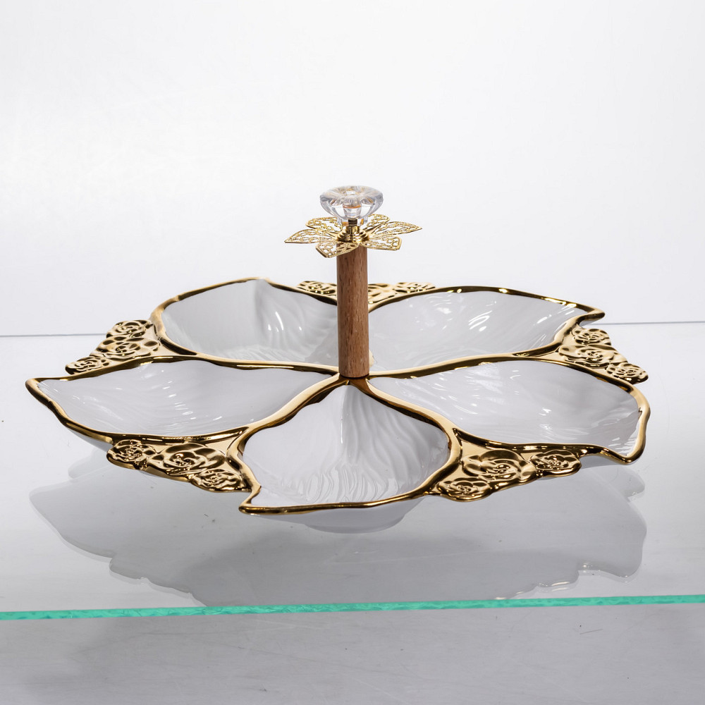 Менажница фарфоровая на 5 секций для закусок тарелка менажница 30×30×13 (см) менажница с ручкой Белый с золотом WX918-44 Киев - изображение 2