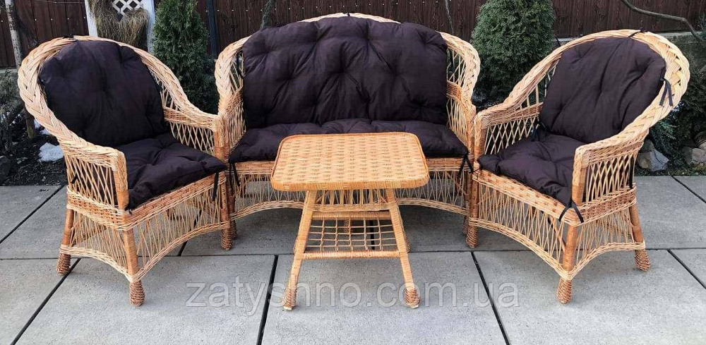 Меблі з лози з журнальним квадратним столом та коричневими накидками Київ - фото 1