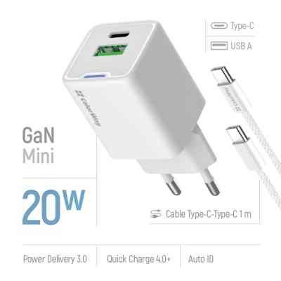 Зарядний пристрій ColorWay C101A GaN Mini 20W PD PPS USB-C + USB-A QC4.0 + cable USB-C to USB-C black (CW-CHS062PDC-WT) Вінниця