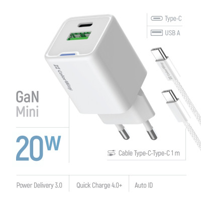 Зарядное устройство ColorWay C101A GaN Mini 20W PD PPS USB-C + USB-A QC4.0 + cable USB-C to USB-C black (CW-CHS062PDC-WT) Винница - изображение 2