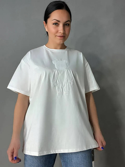 Футболка жіноча A-N 2396 оверсайз з ведмедиком та блискітками, білий, one size Київ - фото 9