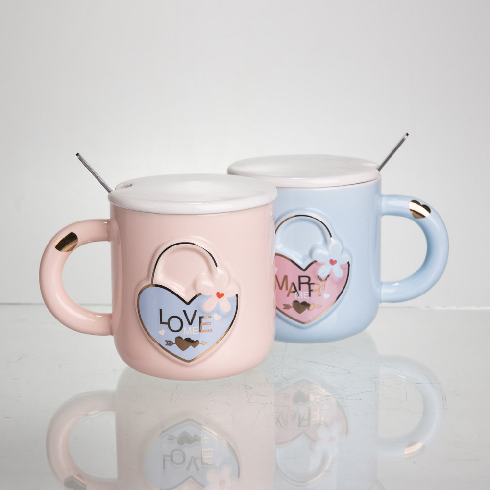 Набор парных фарфоровых чашек с сердцем 2 (шт) по 400 (мл) чашки на подарок с крышкой и ложкой Розовый с голубым FM-32 Коломия - фото 4