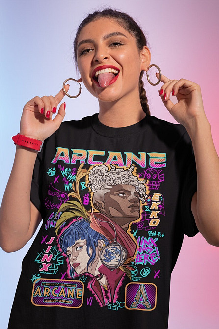 Футболка чоловіча з аніме принтом Джінкс Аркане Джапанесе Аніме оверсайз (S/M/L) Чорний AnimeJ0481 Дніпро - фото 9