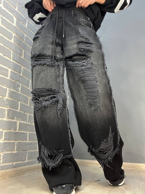 Джинсы женские I8 80085-186 комбинированные с трикотажем рваные палаццо талия на резинке флис черный Одесса - изображение 4