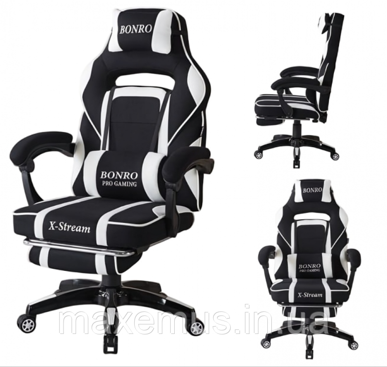 Компьютерное кресло для геймера из ткани с подставкой для ног и регулировкой спинки B-141 черно-белое Мостиска - изображение 2