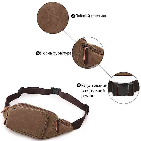 Сумка поясная текстильная Vintage 20176 Коричневая Киев