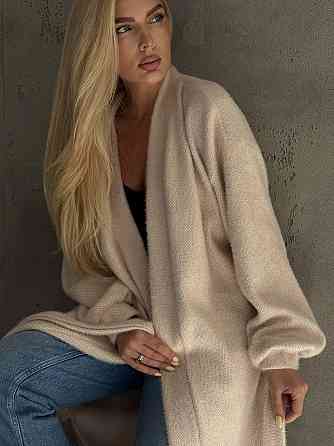 Жіночий затишний оверсайз кардиган із поясом альпака Бежевий Одеса