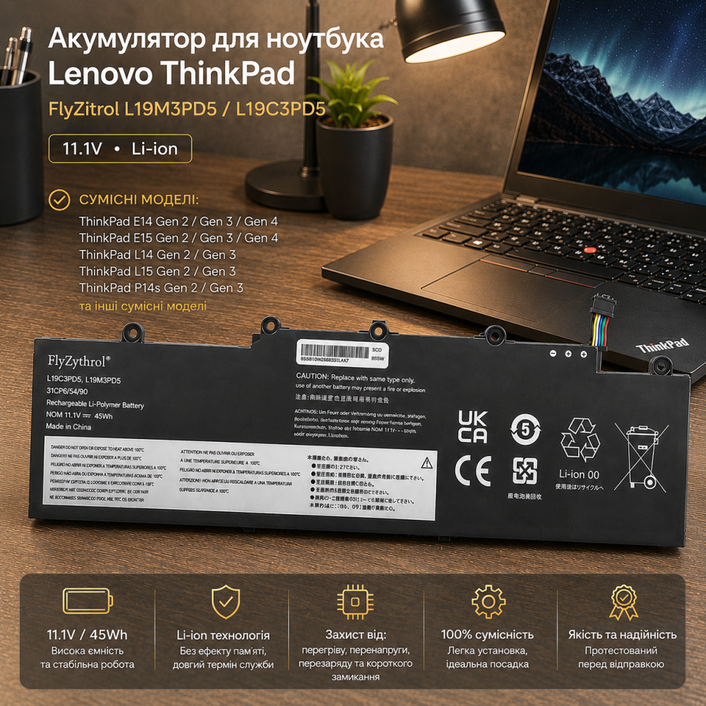 Акумулятор для ноутбука Lenovo ThinkPad E14 E15 Gen 2/3/4 FlyZitrol L19M3PD5 L19C3PD5 — Батарея 11.1V Літій-іонна Київ - фото 9