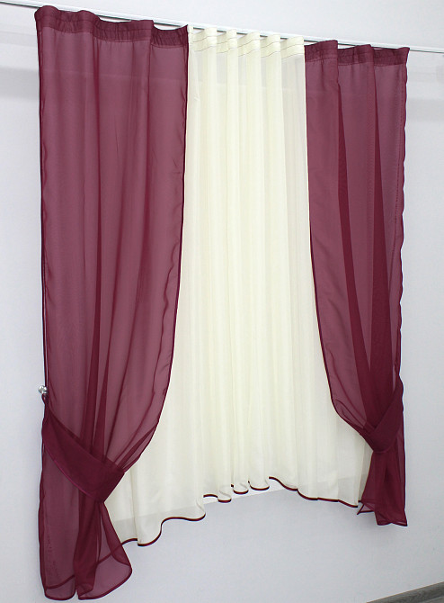 Кухонний комплект VR-Textil № 051к тюль і шторки з підв'язками бордовий з молочним 280х170 см (50-400) Київ - фото 2