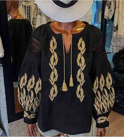 Женская стильная вышиванка с золотой вышивкой и с кружевными вставками 80% хлопок, 20% полиэстер. 44, Черный Одесса