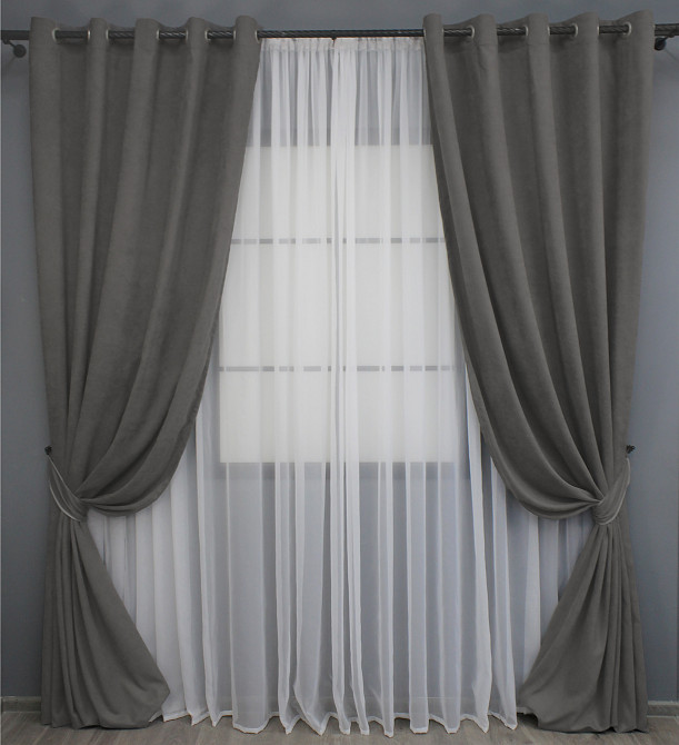 Комплект штор на люверсах VR-Textil Мікровелюр Petek № 1484ш Сірий 150х270 см 2 шт (37-0166) Київ - фото 2