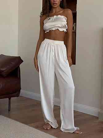 Женская пижама тройка: топ шорты и брюки из шелка армани Молочный, 42/44 Одесса