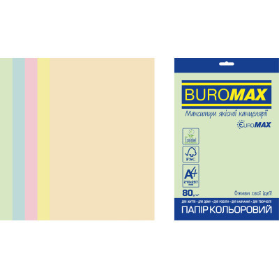 Бумага Buromax А4, 80g, PASTEL, 5colors, 20sh EUROMAX (BM.2721220E-99) Винница - изображение 1