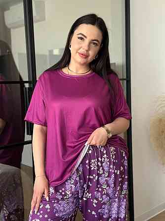 Піжама жіноча штани та футболка великого розміру PLUS SIZE з квітковим принтом домашній комплект для дому та сну фіолетова 5XL Одеса