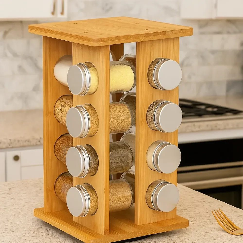 Набір для спецій підставка на кухню з банками для спецій 16 шт настільна з поворотом на 360 градусів, дерев'яна Кам'янець-Подільський - фото 5