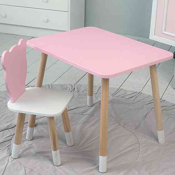 Стіл прямий 46х60х45 і стілець мордочка медведика 26х26х24, столик та стільчик для дівчинки, рожевий з білим Київ