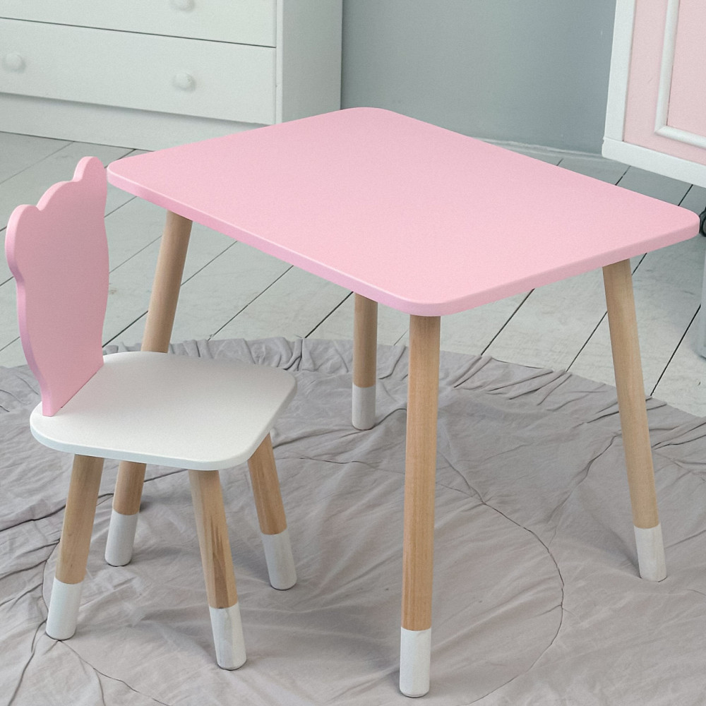 Стіл прямий 46х60х45 і стілець мордочка медведика 26х26х24, столик та стільчик для дівчинки, рожевий з білим Київ - фото 6