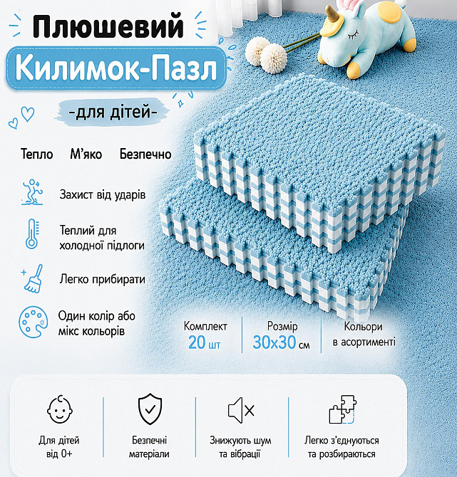 Пазл коврик 120x150 см мягкий плюшевый термоковер 20 пазлов теплый пол, термоковрик для дома, в детскую комнату голубой Каменец-Подольский - изображение 1