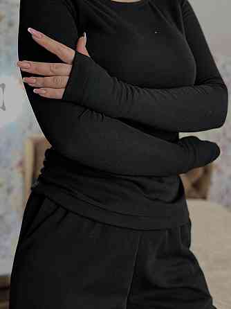 Женский теплый базовый костюм двойка: лонгслив и штаны джерси на флисе Черный, 46/48 Одесса