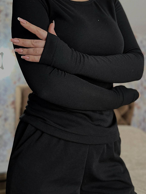 Жіночий теплий базовий костюм-двійка: лонгслів і штани джерсі на флісі Чорний, 46/48 Одеса - фото 3