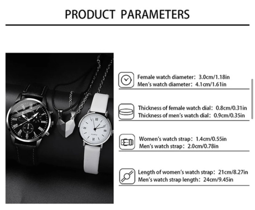 Подарочный набор для мужчин и женщин 2 парные часы с 2 ожерельем серце диам 4см длин 24см шир 2см черно-белый Киев - изображение 9