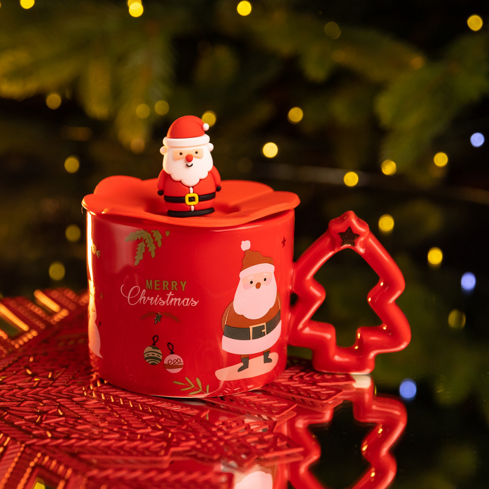 Yiwu Новорічна порцелянова чашка «Санта» з кришкою 400 мл Yiwu FM-CS-18R Коломия - фото 1