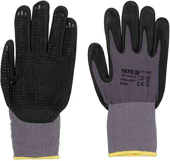 Рукавиці робочі нейлонові YATO покрите спіненим нітрилом з накрапленням, розмір 9, чорнр-сірі [12] Одесса