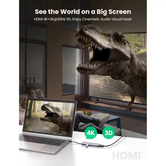 Багатопортовий хаб Ugreen USB-C to HDMI+3xUSB3.0+USB-C 70408 (Сірий) Николаев - изображение 7