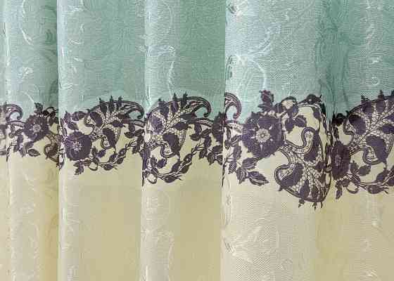 Шторна тканина льон висота 29м колір бежевий з бірюзовим 1022ш Київ