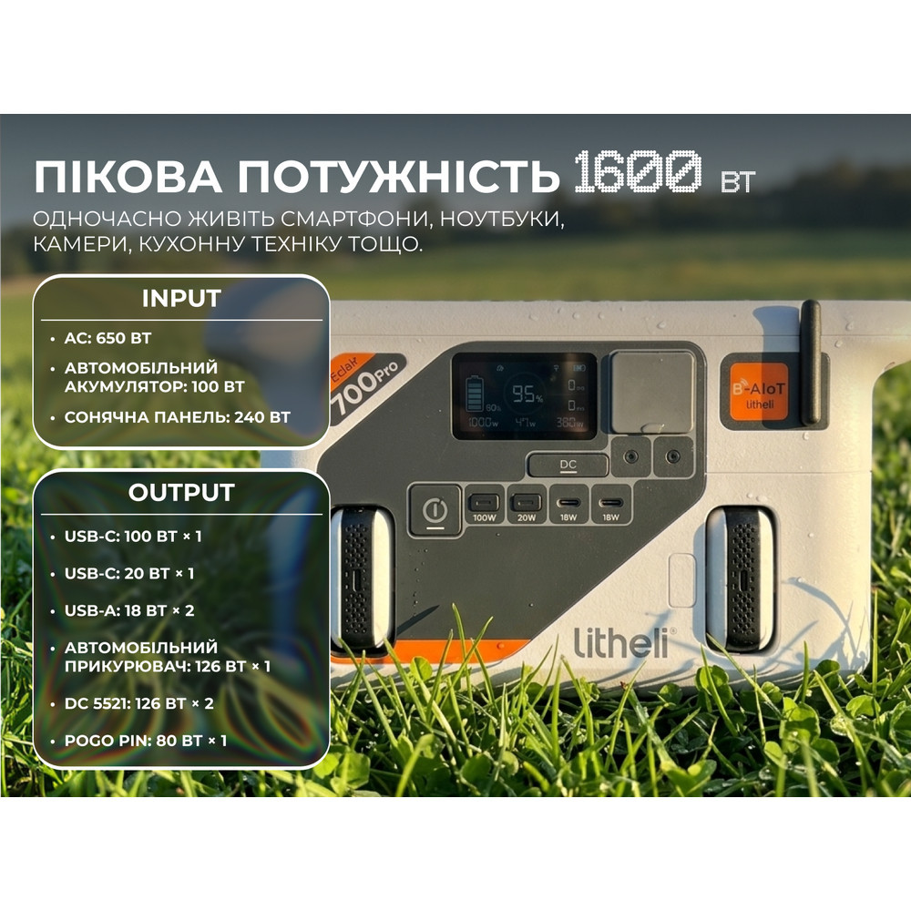 Портативна зарядна станція Litheli 800 Вт, 724 Вт·год, LiFePO4 + 2 Power Bank Київ - фото 10