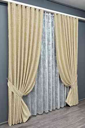 Комплект штор VR-Textil Льон Мармур 150х270 2шт і Тюль 500х270 1909ш-1400т Кремовий з білим 71-137/4 Київ