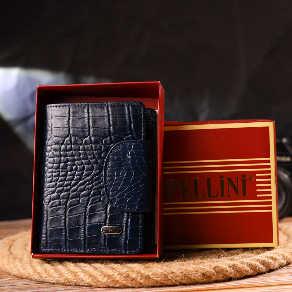 Практичный вертикальный женский кошелек из натуральной кожи с тиснением под крокодила Синий (CANPELLINI) Киев - изображение 4