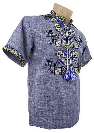 Мужская вышиванка на короткий рукав в джинсовом цвете «Дерево жизни» Киев