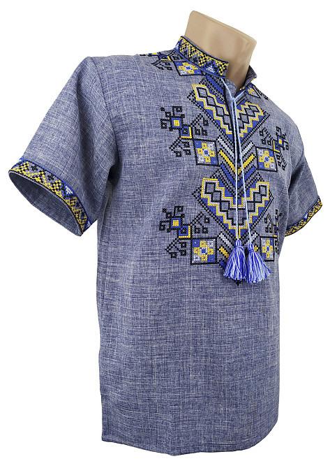 Мужская вышиванка на короткий рукав в джинсовом цвете «Дерево жизни» Киев - изображение 2