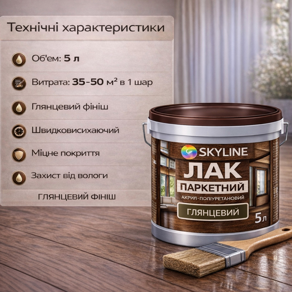 Лак для підлоги глянцевий Skyline паркетний, акрил-поліуретановий, водний, зносостійкий, без запаху, 5 л Харків - фото 10