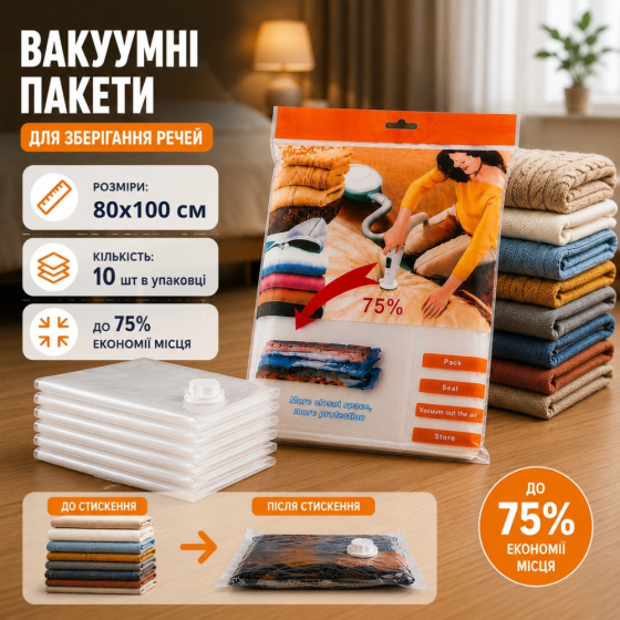 Комплект вакуумных пакетов с Zip-замком Zip 10 шт для одежды вещей багажа, с клапаном мешок вакуумный для хранения, 80х100 см Каменец-Подольский