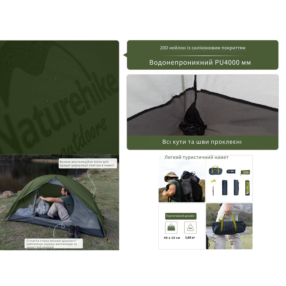 Намет надлегкий одномісний  з футпринтом Naturehike Cycling 1 NH18A095-D, 210T, темний зелений Киев - изображение 10