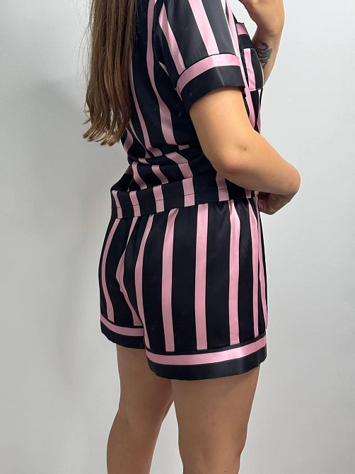 Женская пижама сатиновая Черно-розовый полоска XS/S Харьков - изображение 3