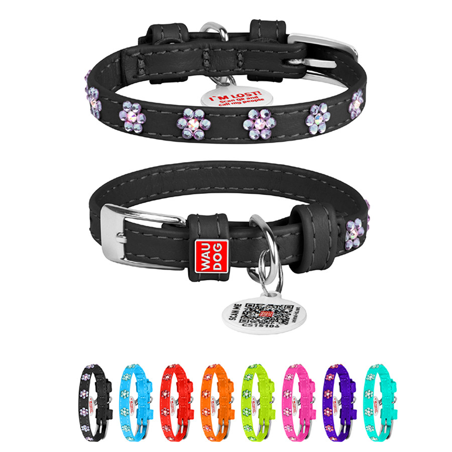 Нашийник для собак шкіряний WAUDOG Glamour з QR паспортом, з клейовими стразами "Квіти", Ш 9 мм Коломыя - изображение 1