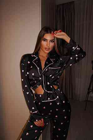 Женская пижама двойка с сердечками из шелка армани Черный 2, 40/42 Одесса